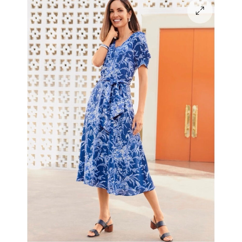 Talbots Royal Blue Floral Tie-Waist Midi Dress